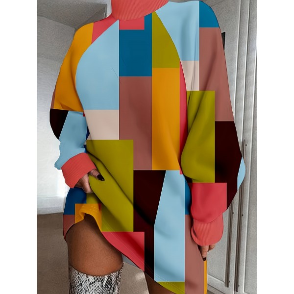 Plus Size Polyester Blouse Dress With High Neckline, Elastane, Digital Printing, Geometric Pattern, Spring/Autumn Fashion