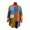 Plus Size Polyester Blouse Dress With High Neckline, Elastane, Digital Printing, Geometric Pattern, Spring/Autumn Fashion