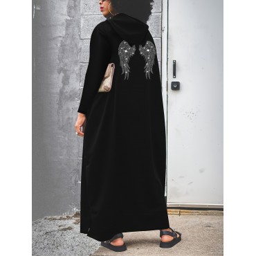 Elegant Plus Size Hooded Long Dress with Rhinestone Wing Detail, Polyester Knit Fabric Tunic with Side Slit and Pockets, Regular Long Sleeve Animal Pattern Maxi Dress for Spring/Fall - Medium Stretch