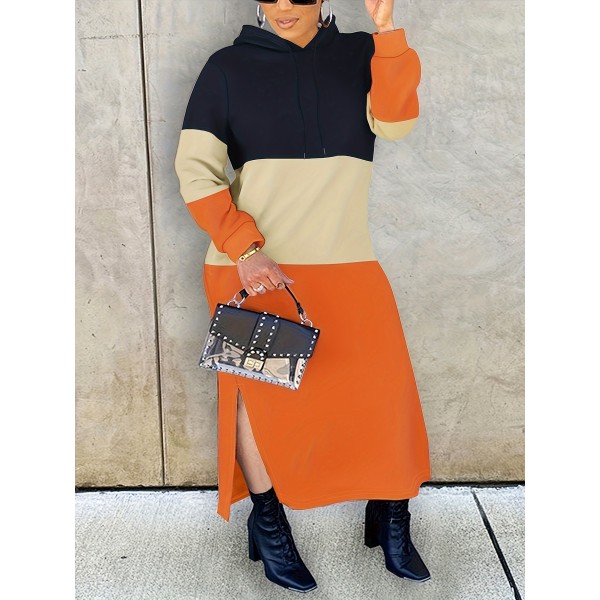 Plus Size Casual Dress, Women's Plus Colorblock Long Sleeve Split Hem Hooded Maxi Sweatshirt Dress