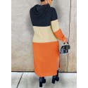 Plus Size Casual Dress, Women's Plus Colorblock Long Sleeve Split Hem Hooded Maxi Sweatshirt Dress