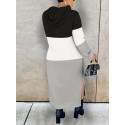 Plus Size Casual Dress, Women's Plus Colorblock Long Sleeve Split Hem Hooded Maxi Sweatshirt Dress