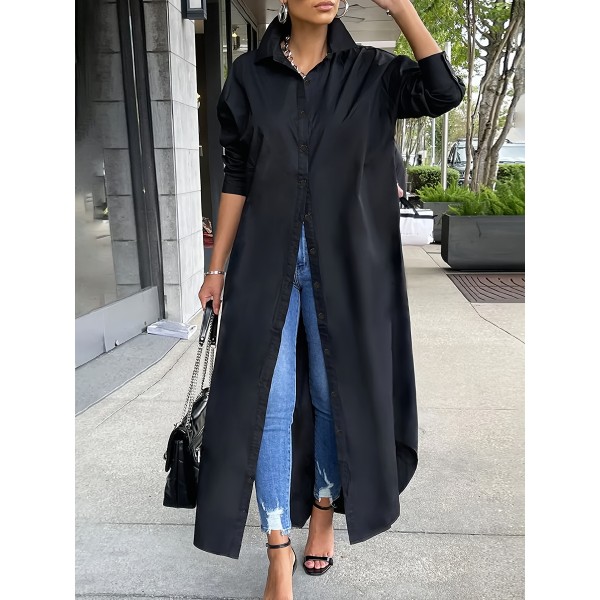 Plus Size Casual Dress, Women's Plus Solid Long Sleeve Button Up Lapel Collar Shirt Maxi Dress