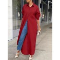 Plus Size Casual Dress, Women's Plus Solid Long Sleeve Button Up Lapel Collar Shirt Maxi Dress