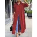 Plus Size Casual Dress, Women's Plus Solid Long Sleeve Button Up Lapel Collar Shirt Maxi Dress