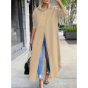 Plus Size Casual Dress, Women's Plus Solid Long Sleeve Button Up Lapel Collar Shirt Maxi Dress