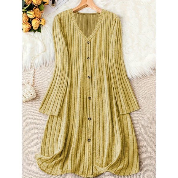 Elegant Solid Color V-Neck Long Sleeve Dress for Women - Stretchy Polyester Blend, Machine Washable, Perfect for Fall/Winter