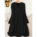 Elegant Solid Color V-Neck Long Sleeve Dress for Women - Stretchy Polyester Blend, Machine Washable, Perfect for Fall/Winter