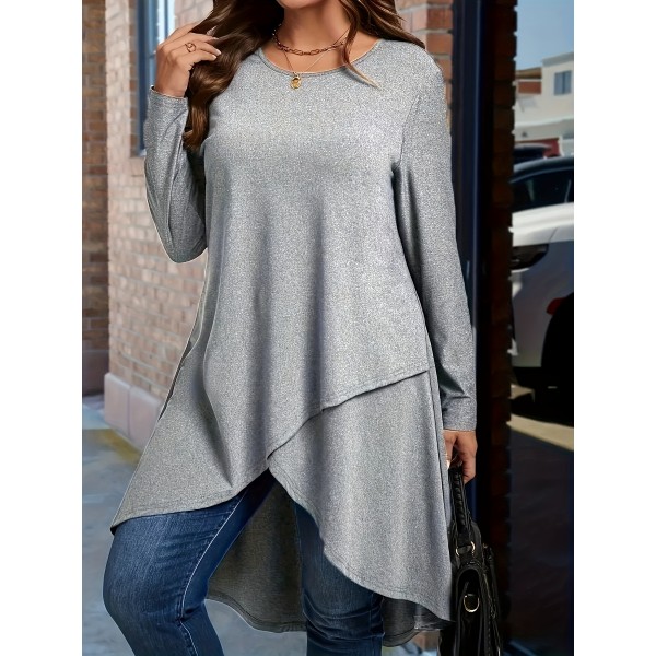 Plus Size Solid Wrap High Low Hem Dress, Elegant Long Sleeve Crew Neck Dress For Spring & Fall, Women's Plus Size Clothing