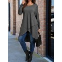 Plus Size Solid Wrap High Low Hem Dress, Elegant Long Sleeve Crew Neck Dress For Spring & Fall, Women's Plus Size Clothing