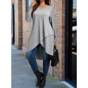 Plus Size Solid Wrap High Low Hem Dress, Elegant Long Sleeve Crew Neck Dress For Spring & Fall, Women's Plus Size Clothing