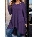 Plus Size Solid Wrap High Low Hem Dress, Elegant Long Sleeve Crew Neck Dress For Spring & Fall, Women's Plus Size Clothing