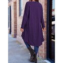 Plus Size Solid Wrap High Low Hem Dress, Elegant Long Sleeve Crew Neck Dress For Spring & Fall, Women's Plus Size Clothing