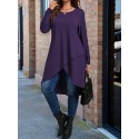 Plus Size Solid Wrap High Low Hem Dress, Elegant Long Sleeve Crew Neck Dress For Spring & Fall, Women's Plus Size Clothing