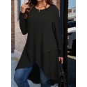 Plus Size Solid Wrap High Low Hem Dress, Elegant Long Sleeve Crew Neck Dress For Spring & Fall, Women's Plus Size Clothing