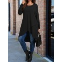 Plus Size Solid Wrap High Low Hem Dress, Elegant Long Sleeve Crew Neck Dress For Spring & Fall, Women's Plus Size Clothing