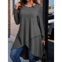 Plus Size Solid Wrap High Low Hem Dress, Elegant Long Sleeve Crew Neck Dress For Spring & Fall, Women's Plus Size Clothing