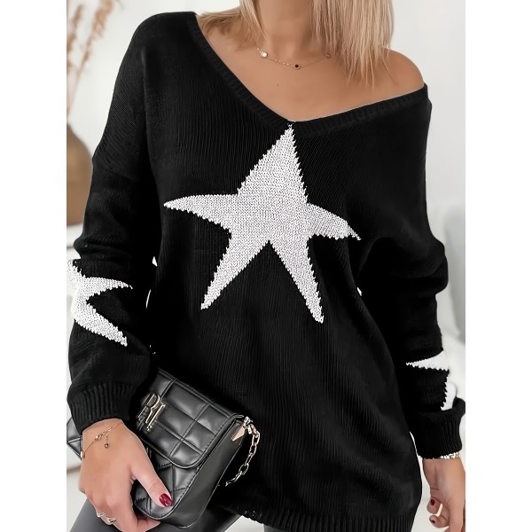 Plus Size Star Pattern Knit Sweater, Casual V Neck Long Sleeve Sweater For Fall & Winter, Women's Plus Size Clothing