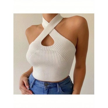 Women Plus Size Close-fitting Simple Style Vest, Solid Color Halter Neck Sleeveless Crop Tops