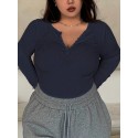 Plus Size Casual Knitted T-Shirt with Round Neck And Slightly Stretchy Polyester Fabric with Buttons for Women