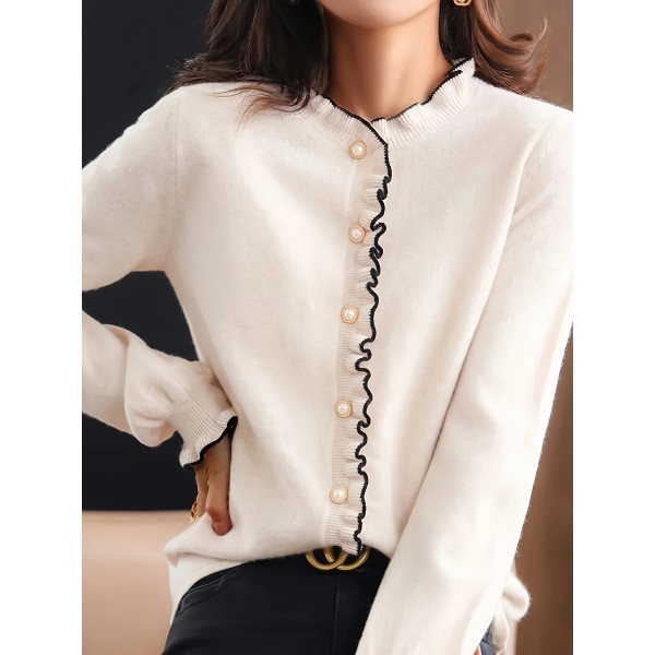 Elegant Women's V-Neck Sweater with Scallop Hem - Cozy Polyester, Button Detail, Perfect for Fall/Winter