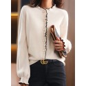 Elegant Women's V-Neck Sweater with Scallop Hem - Cozy Polyester, Button Detail, Perfect for Fall/Winter