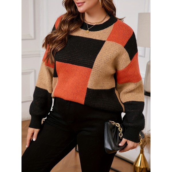 Plus Size Color Block Knit Sweater, Casual Long Sleeve Crew Neck Top For Fall & Winter, Women's Plus Size Clothing