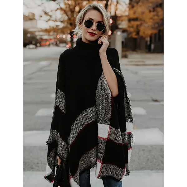 Chic Plus Size Batwing Sleeve Plaid Cape Shawl - Cozy Knit Pullover with Collar, Perfect for Fall/Winter