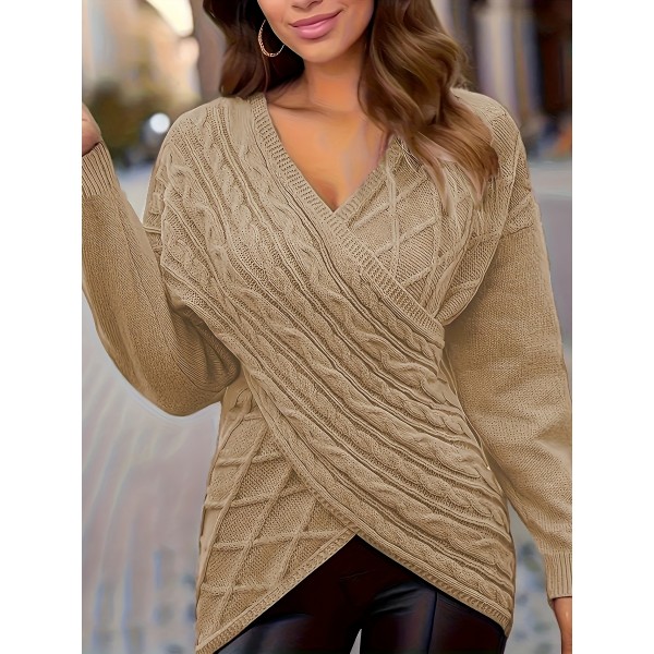 Plus Size Elegant Sweater, Women's Plus Solid Cable Drop Shoulder Long Sleeve Wrap Cross V Neck Jumper