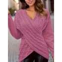 Plus Size Elegant Sweater, Women's Plus Solid Cable Drop Shoulder Long Sleeve Wrap Cross V Neck Jumper