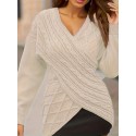 Plus Size Elegant Sweater, Women's Plus Solid Cable Drop Shoulder Long Sleeve Wrap Cross V Neck Jumper