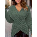 Plus Size Elegant Sweater, Women's Plus Solid Cable Drop Shoulder Long Sleeve Wrap Cross V Neck Jumper