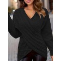 Plus Size Elegant Sweater, Women's Plus Solid Cable Drop Shoulder Long Sleeve Wrap Cross V Neck Jumper