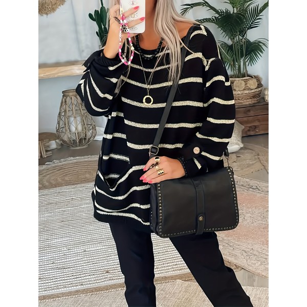 Plus Size Striped Pocket Color Block Knitted Top, Casual Long Sleeve Crew Neck Top For Spring & Fall, Women's Plus Size Clothing