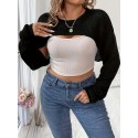 Plus Size Solid Crew Neck Shrug Top, Sexy Long Sleeve Sweater For Fall & Spring, Women's Plus Size Clothing