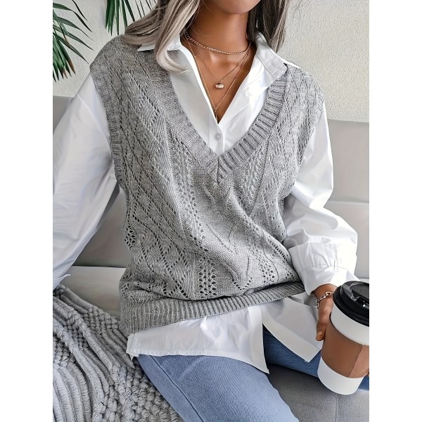 Plus Size Solid Color Knitted Sweater Vest, Elegant V Neck Sleeveless Top For Fall & Winter, Women's Plus Size Clothing