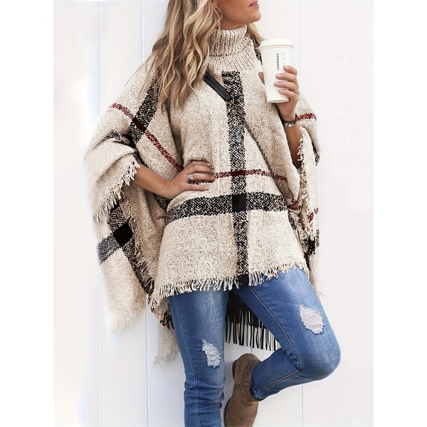 Plus Size Plaid Pattern Knit Sweater, Casual Turtleneck Cape Sleeve Sweater For Fall & Winter, Women's Plus Size Clothing