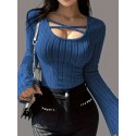 Elegant Plus Size Ribbed Knit Top for Women - Long Sleeve, Round Neck with Cross-Front Detail, Stretchy & Non-See-Through