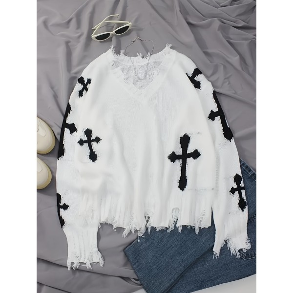 Plus Size Cross Pattern Knit Sweater, Casual Long Sleeve V Neck Raw Hem Top For Fall & Winter, Women's Plus Size Clothing