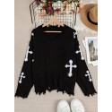 Plus Size Cross Pattern Knit Sweater, Casual Long Sleeve V Neck Raw Hem Top For Fall & Winter, Women's Plus Size Clothing