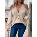 Plus Size Button Front Cold Shoulder Knit Sweater, Casual V Neck Long Sleeve Sweater For Fall & Winter, Women's Plus Size Clothing