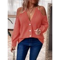 Plus Size Button Front Cold Shoulder Knit Sweater, Casual V Neck Long Sleeve Sweater For Fall & Winter, Women's Plus Size Clothing