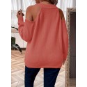 Plus Size Button Front Cold Shoulder Knit Sweater, Casual V Neck Long Sleeve Sweater For Fall & Winter, Women's Plus Size Clothing