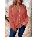 Plus Size Button Front Cold Shoulder Knit Sweater, Casual V Neck Long Sleeve Sweater For Fall & Winter, Women's Plus Size Clothing