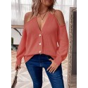 Plus Size Button Front Cold Shoulder Knit Sweater, Casual V Neck Long Sleeve Sweater For Fall & Winter, Women's Plus Size Clothing