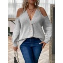 Plus Size Button Front Cold Shoulder Knit Sweater, Casual V Neck Long Sleeve Sweater For Fall & Winter, Women's Plus Size Clothing