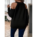 Plus Size Button Front Cold Shoulder Knit Sweater, Casual V Neck Long Sleeve Sweater For Fall & Winter, Women's Plus Size Clothing