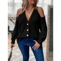 Plus Size Button Front Cold Shoulder Knit Sweater, Casual V Neck Long Sleeve Sweater For Fall & Winter, Women's Plus Size Clothing