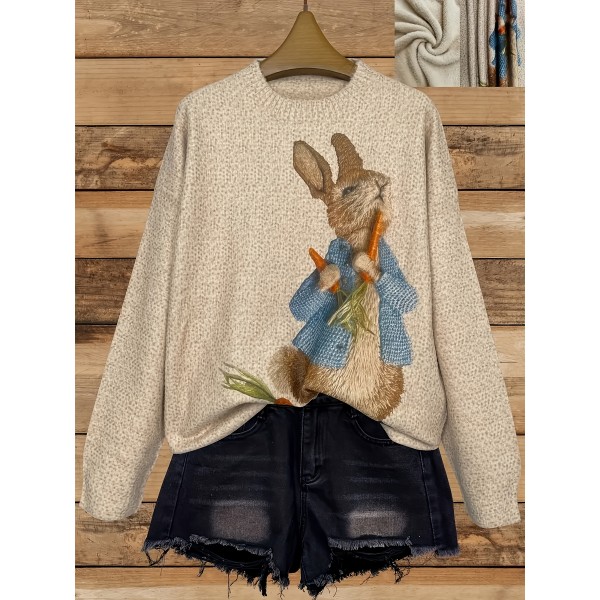 Women's Plus Size Elegant Crew Neck Sweater with All Over Rabbit Print, Polyester Knit Pullover with Slight Stretch for All Seasons