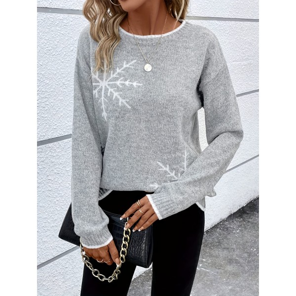 Plus Size Snowflake Pattern Crew Neck Knit Sweater, Casual Contrast Trim Long Sleeve Top For Fall & Winter, Women's Plus Size Clothing